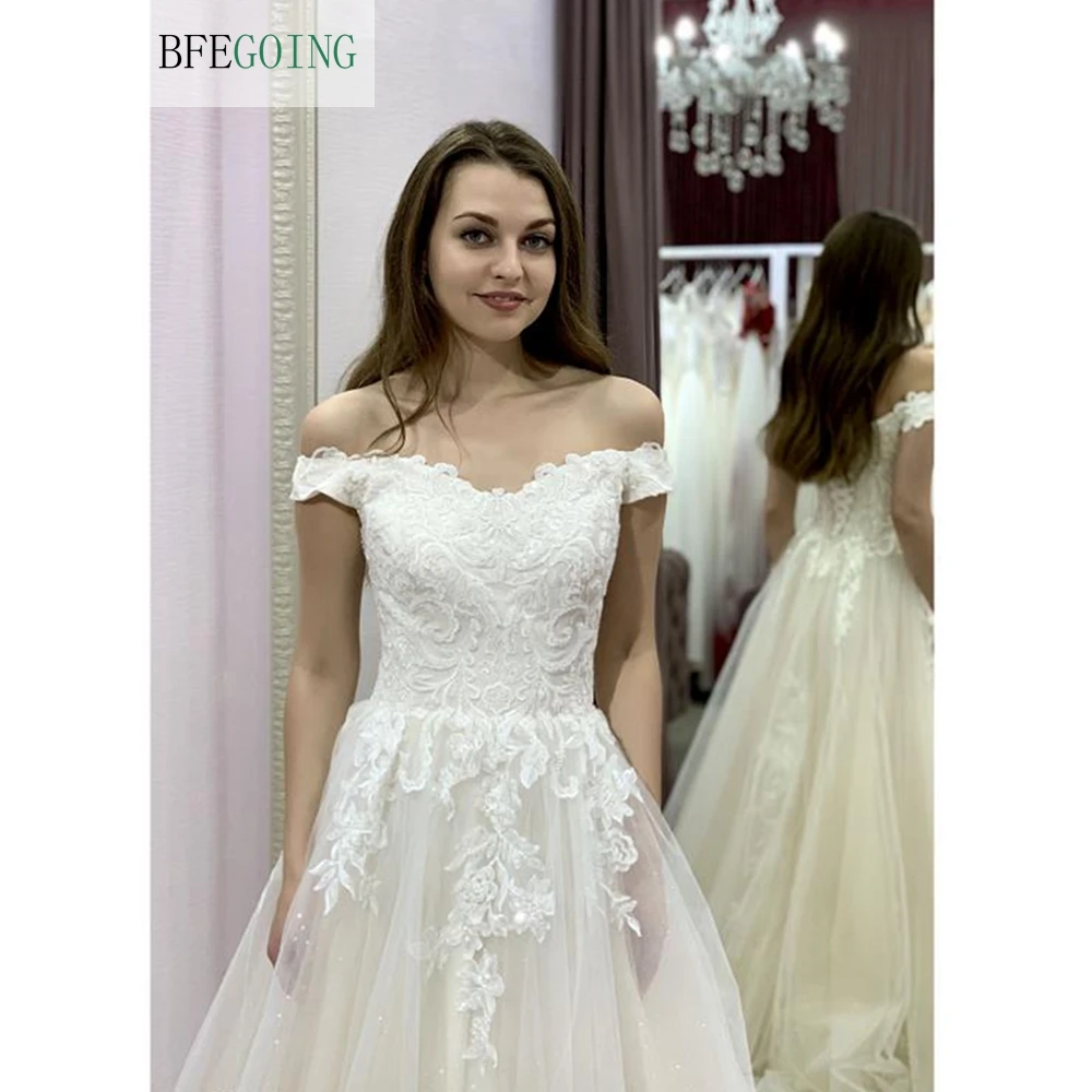 

Ivory Lace Beading Tulle Off The Shoulder Bridal Dress Floor-Length A-Line Wedding Gown Court Train Custom Made