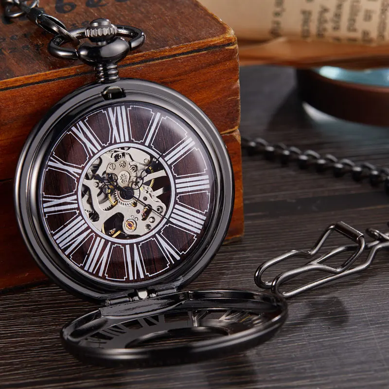 Retro Hollow Skeleton Steampunk Pattern Design Mechanical Pocket Watch Mens  Roman Numerals Hand Wind Fob Chain Clock Male