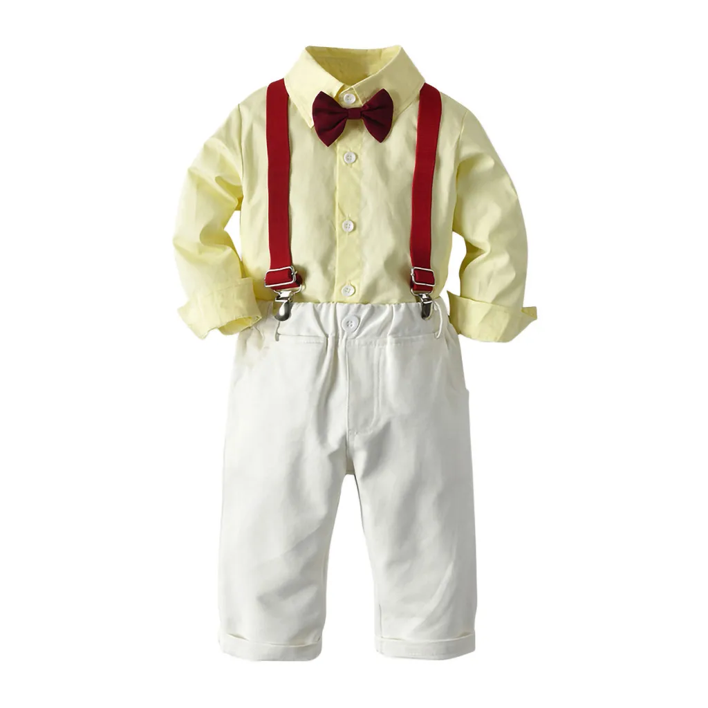 Boys Outfits Gentleman Bow Tie Striped T-Shirt Tops+Suspender Pants Y81 | Детская одежда и обувь