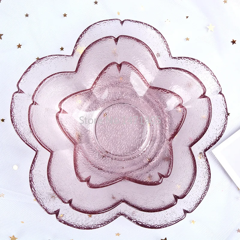 Japoński Sakura Mały talerz Przezroczysty różowy fioletowy szklany przyprawowy Młotkowany pięciopłatkowy Róża Miska Zastawa stołowa