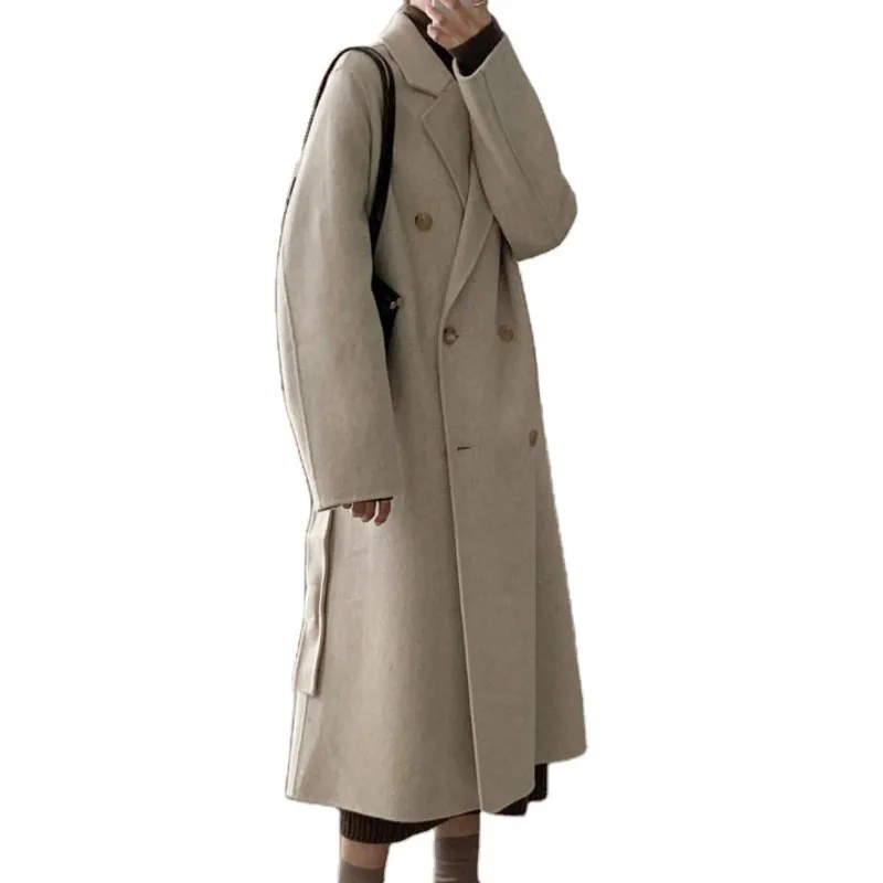 

Mozision Notched Collar Double Breasted Wool Coat Women's Solid Full Sleeve Loose Overcoat Ladies Casual Warm Woolen Coat Lady