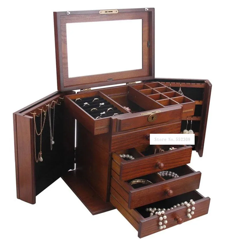 

003 многослойный деревянный органайзер для ювелирных изделий, шкатулка для ювелирных изделий в стиле ретро, вместительная Подарочная коробка для свадебных украшений с замком