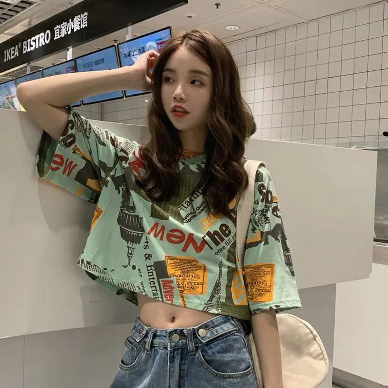

women's t-shirts Korean Harajuku style short-sleeve t-shirt 2021 Summer new wild graffiti loose casual women oversized tops