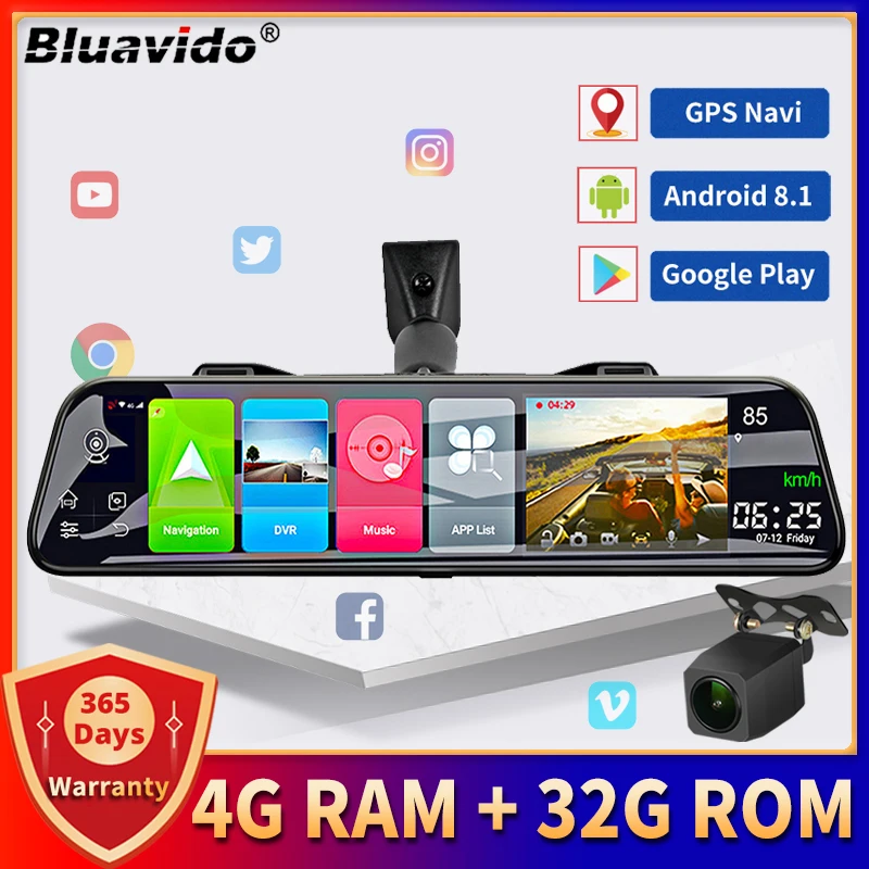 Bluavido 12" Car Rear View Mirror Camera 4G LTE Android 8.1 GPS Navigation 2G RAM 32G ROM WiFi Video Recorder Remote Monitor DVR