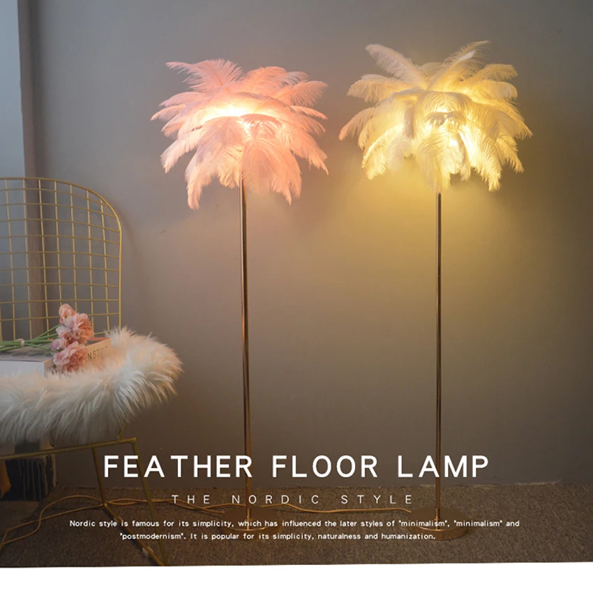 

Nordic Luxury Ostrich Feather LED Floor Lamp Copper Home Decor Art Deco Floor Lamps For Living Room Standing Light