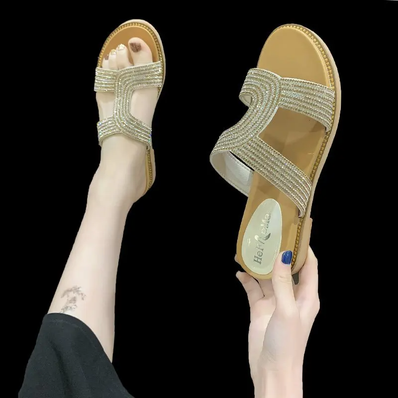 

Women Sandals 2021 New Bling Shoes Buckle Strap Flat Comfort Low Girls Thick Bottom Fashion PU Solid Casual Basic Rome Slippers