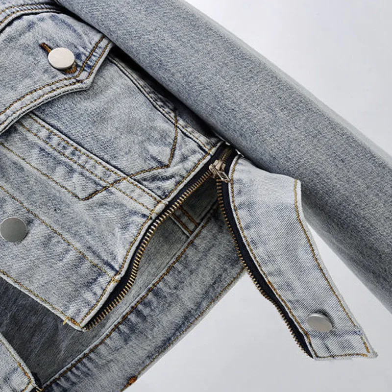 Женская джинсовая куртка на молнии универсальная Короткая свободная с длинным