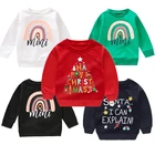 ВесенняяОсенняя футболка с длинным рукавом для девочек, радужная ткань с принтом букв для маленьких мальчиков, Смешанная картонная теплая одежда на день рождения и Рождество