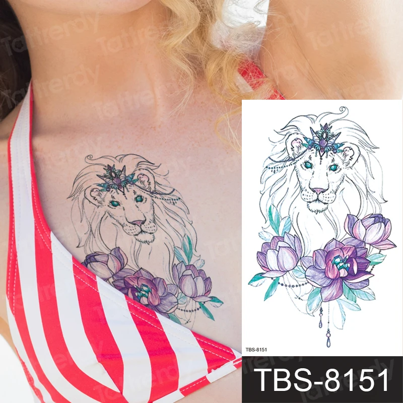 

Водостойкая временная татуировка животных Лев Сова цветы под татуировка на грудь сексуальная для женщин девушек тату и боди-арт водостойка...