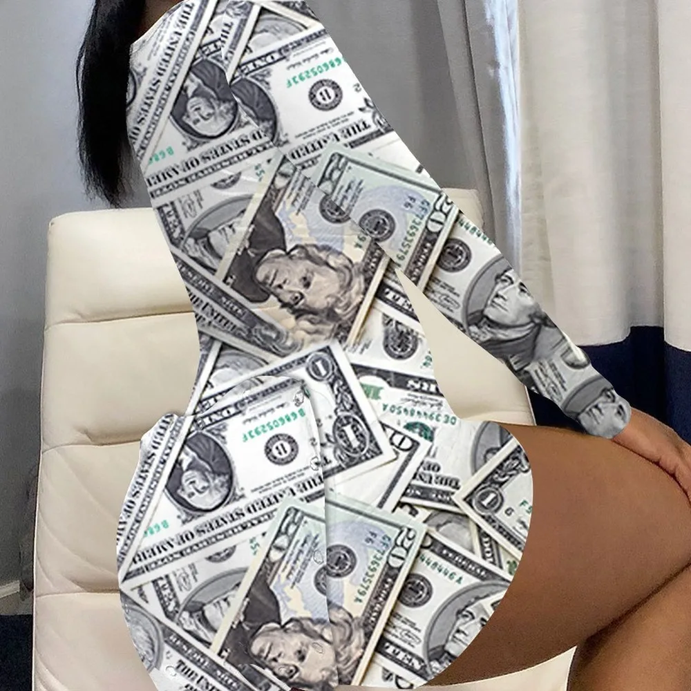 

Sexy Booty Money Printed Adult Onesies For Women Wholesale Open Back Button Hip Nightwear Long Sleeve Onesies Pajama For Adults