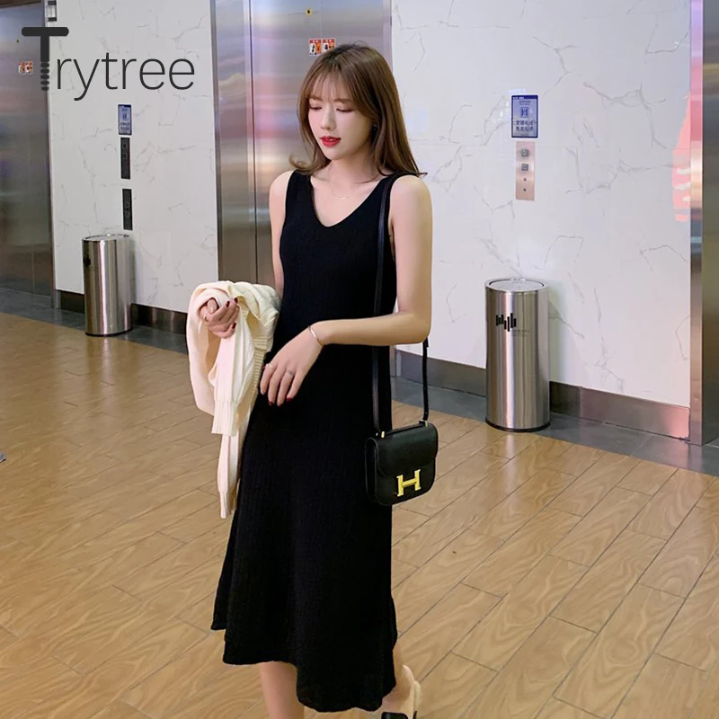 Трикотажное однотонное платье трапеция на бретельках 2 цвета|Женские платья| |