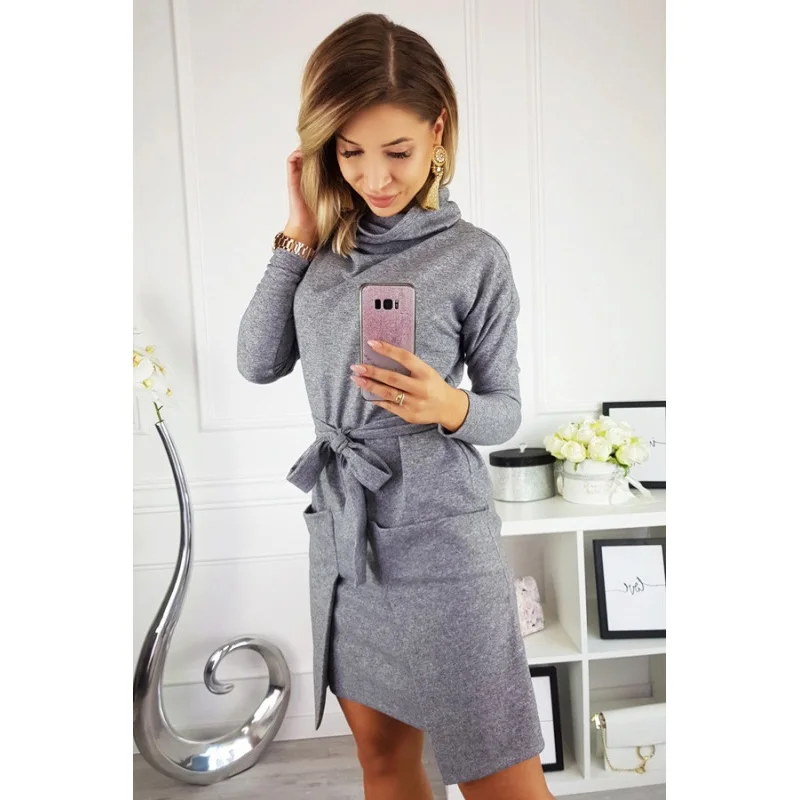 

Fashion Harajuku Women Wear Long-sleeved Lapel Casual Solid Color Dresses With Belts Large Pockets Elegant Dresses With Belts
