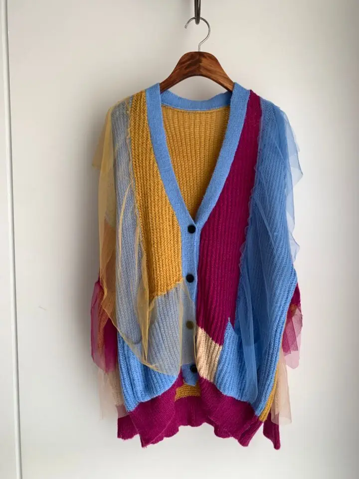 

Korean Chic Autumn Sweater Women Winter V Neck Fashion Contrast Color Mesh Sweater Street Ruffle Stitch Button Up Loose Knit Top