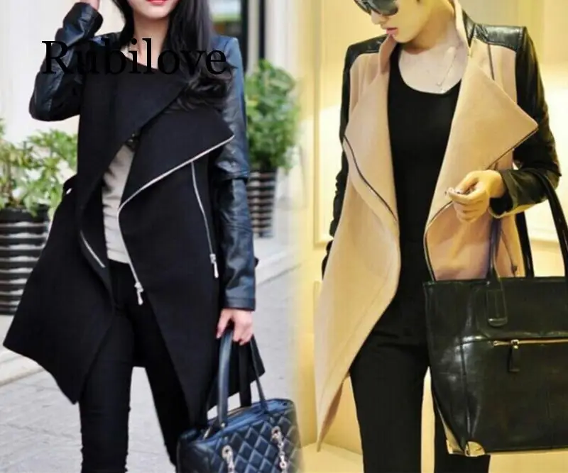 

2020 Winter Women Woolen Coat Patchwork Womens Jacket Wool PU Leather Long Sleeve Jacket Coat Windbreaker Oversized Wool Jacket