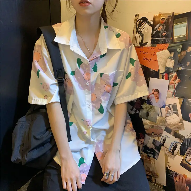 

QWEEK Floral Printed Shirt Women Short Sleeve Tops Button Up Summer 2021 Korean Fashion Hawaii Beach Leisure Women Blouses Chic