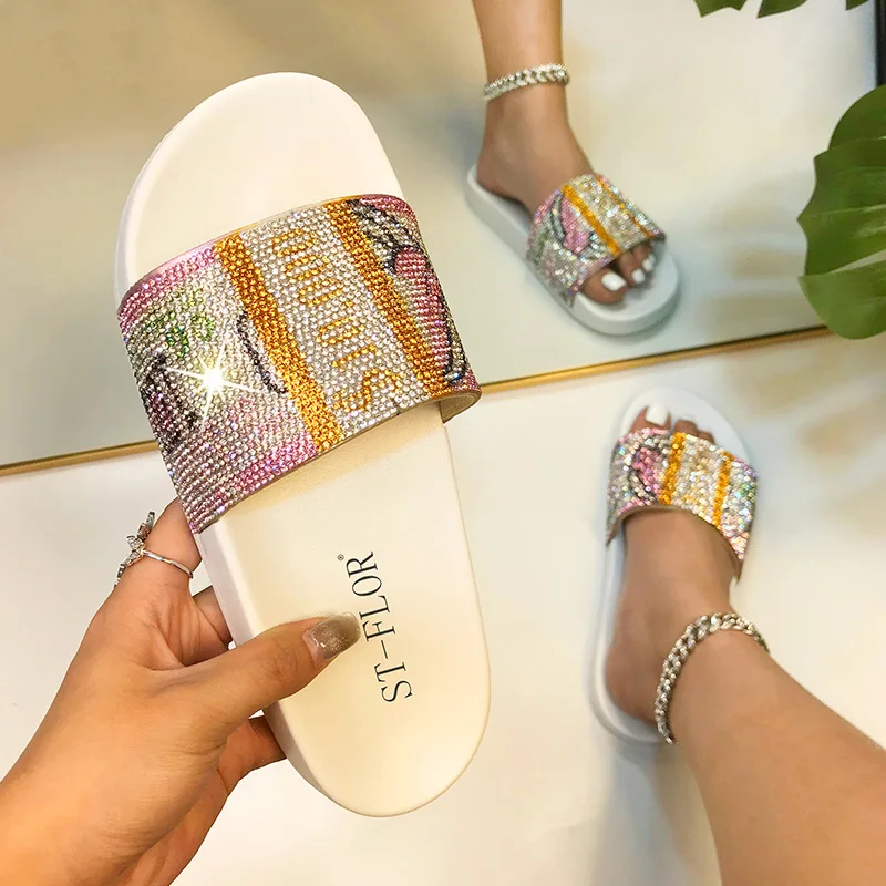 Glitter Slippers Women Summer Sandals Female Bling Slides And Matching Purse Set Dollar Diamond Flip Flops Flat Shoes Outdoor images - 6