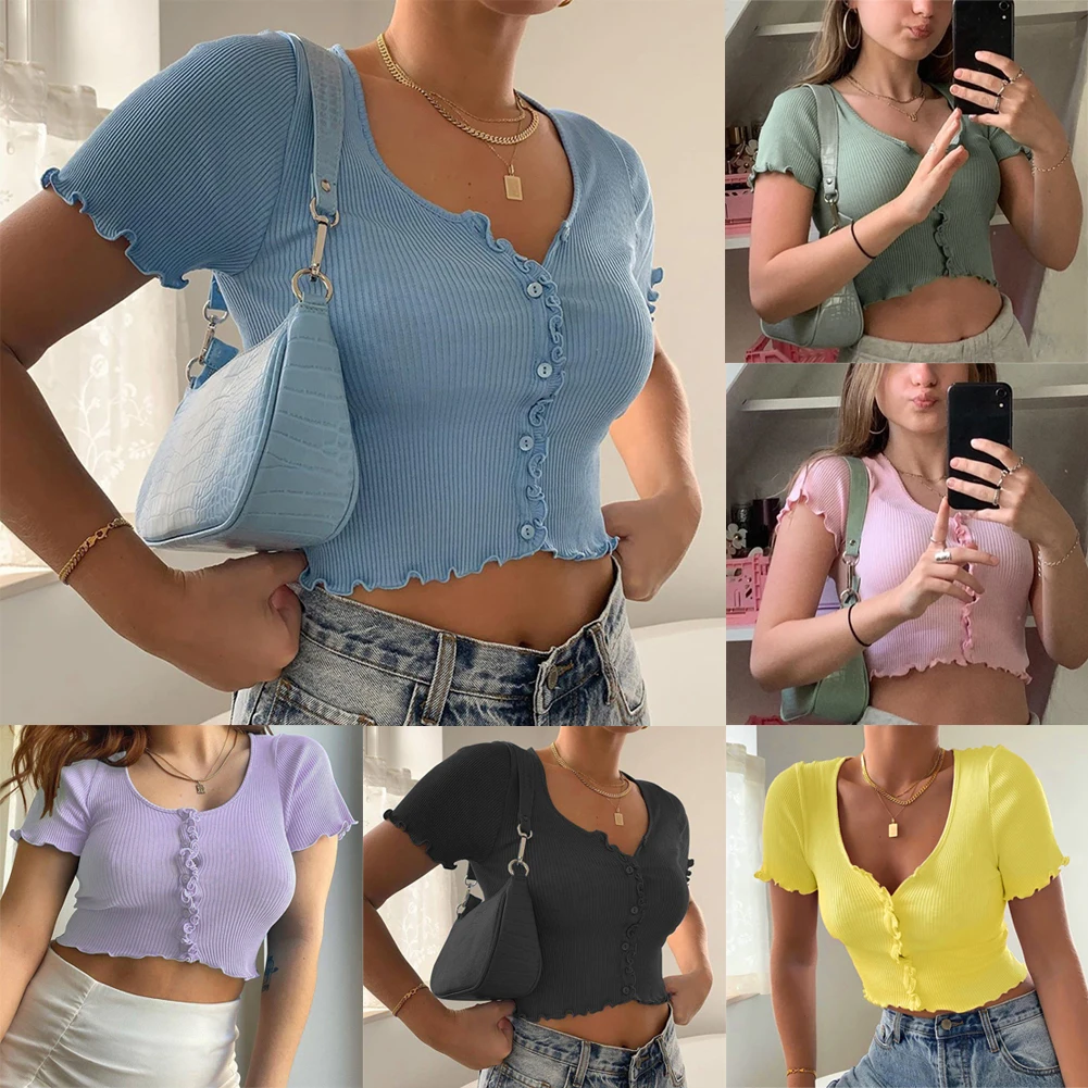 Женский укороченный топ на пуговицах зеленая или синяя эластичная Футболка с