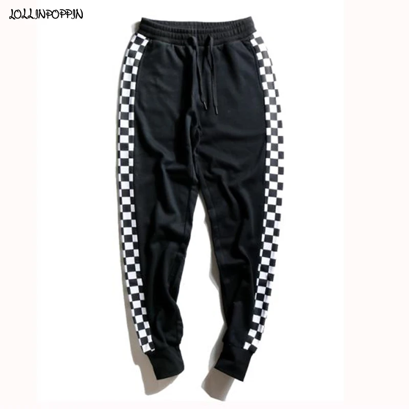 

Streetwear Hip Hop Men Sweatpants Side Checkerboard Pattern Mens Casual Jogger Pants Drawstring Elastic Waist Man Plaid Pants