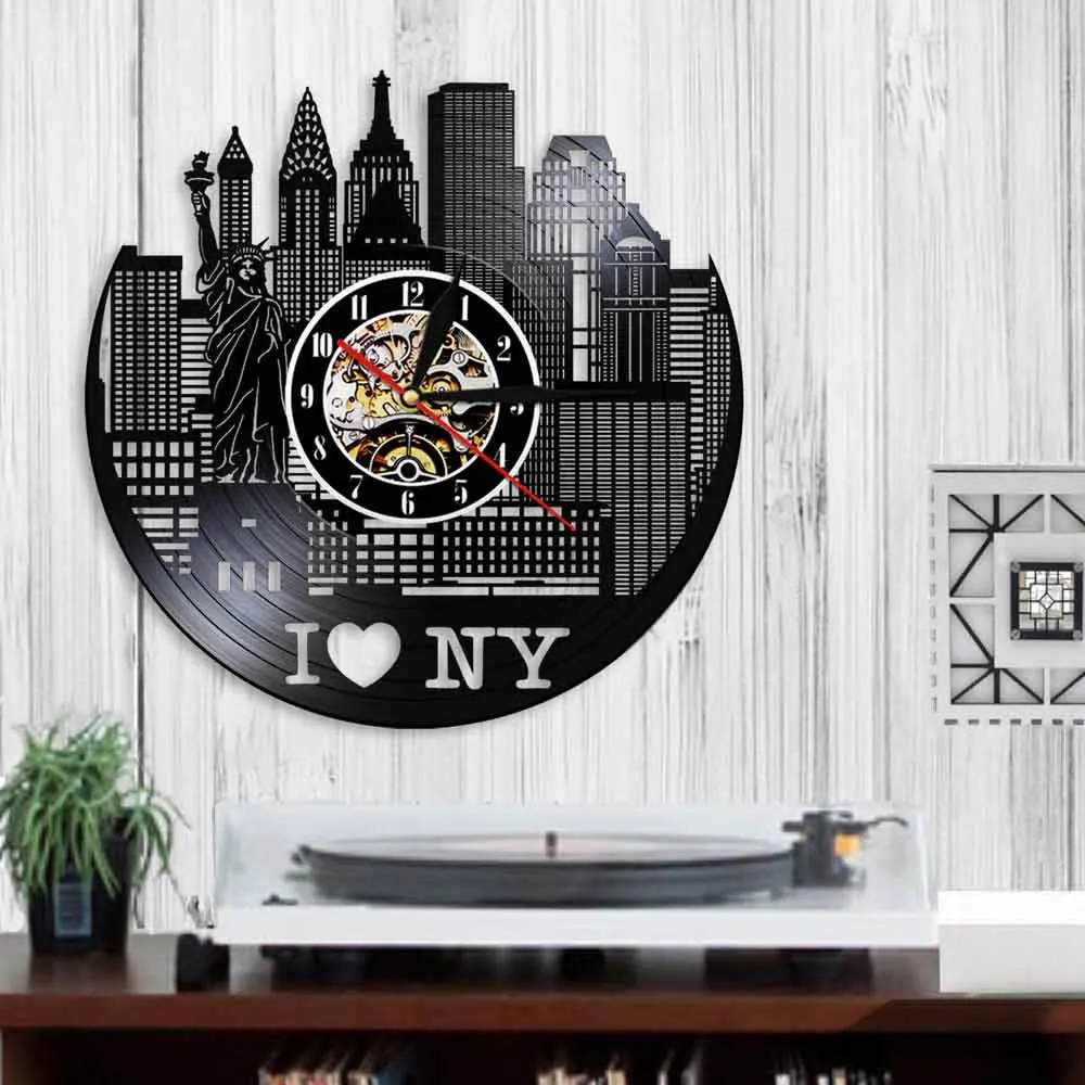 I Love NY Cityscape настенные часы современный дизайн Нью-Йорк Skyline виниловые Творческий