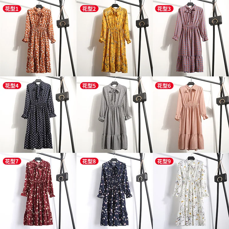 

Summer Chiffon Dress Women Print Floral Dress Long Sleeve Vintage Dresses Casual Cute Bowknot Dresses Vestidos LWL1694