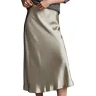 Женская длинная юбка до середины икры, блестящая шелковая атласная юбка серебристого и черного цвета с высокой талией для офиса вечерние весна-лето 2022