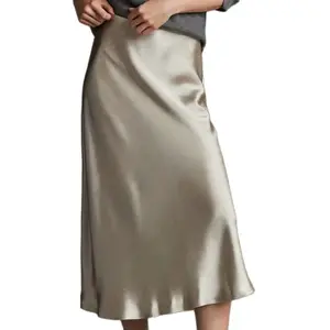 Женская длинная юбка до середины икры, блестящая шелковая атласная юбка серебристого и черного цвета с высокой талией для офиса вечерние весна-лето 2022