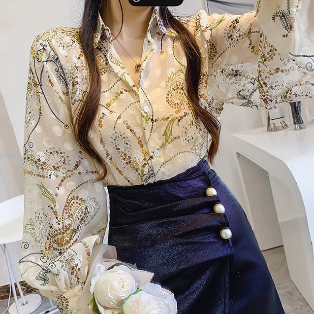 

Embroidered blouse women new style 2021 foreign fashion all-match printed chiffon blouse women lantern sleeve shirt women