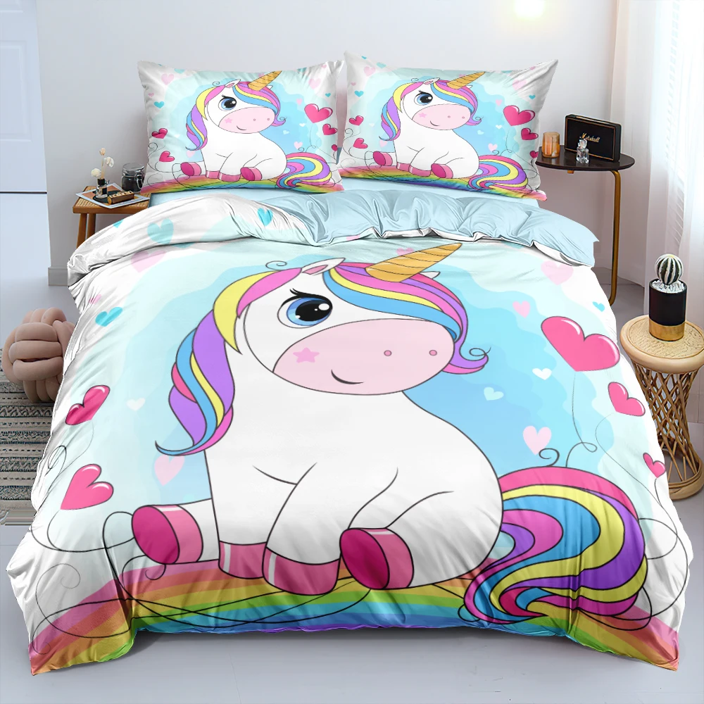 

3D Cute Colorful Cartoon Unicorn Bedding Set Comforter Cover Set Single Full Queen King Size Soft Bed Linen For Kid Child Adult