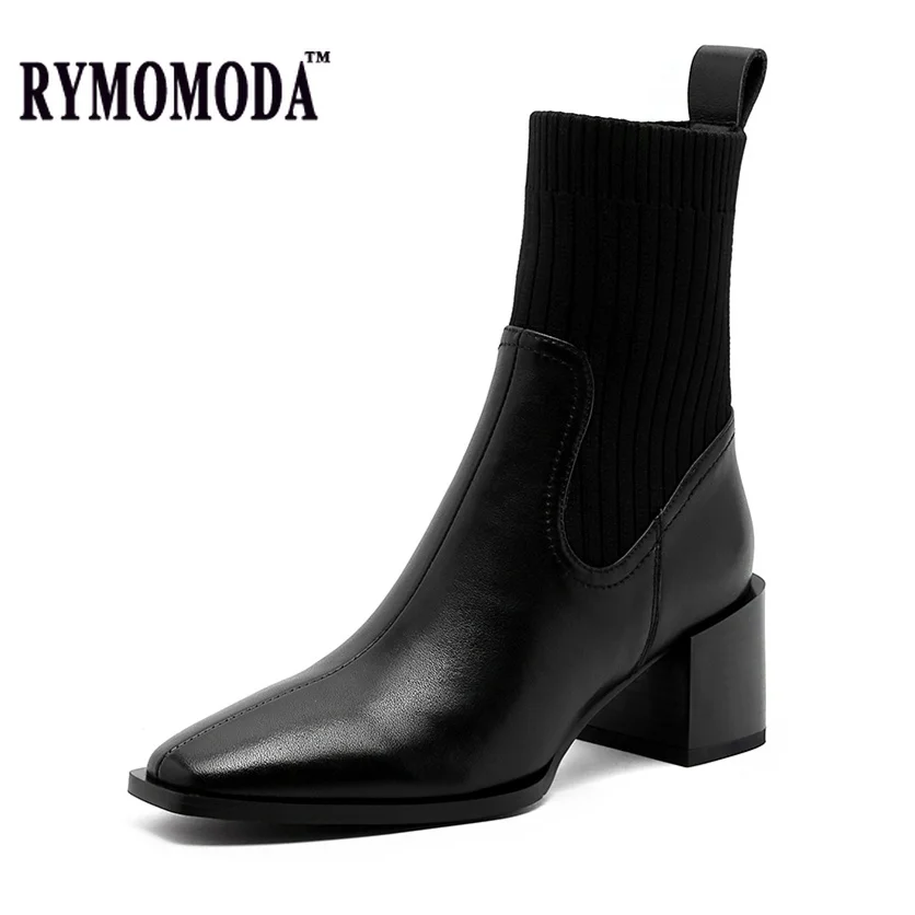 

Женские ботинки ручной работы RYMOMODA из натуральной кожи с вязаной шерстью 2021 черные дизайнерские качественные Ботинки на каблуке 6 см женски...