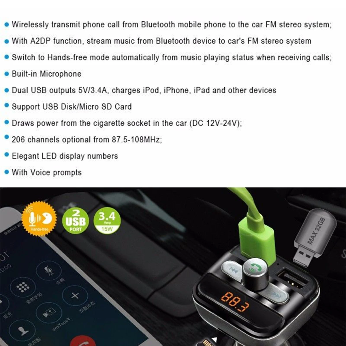 Автомобильный Bluetooth Беспроводной Hands-free FM передатчик Комплект MP3 Dual USB