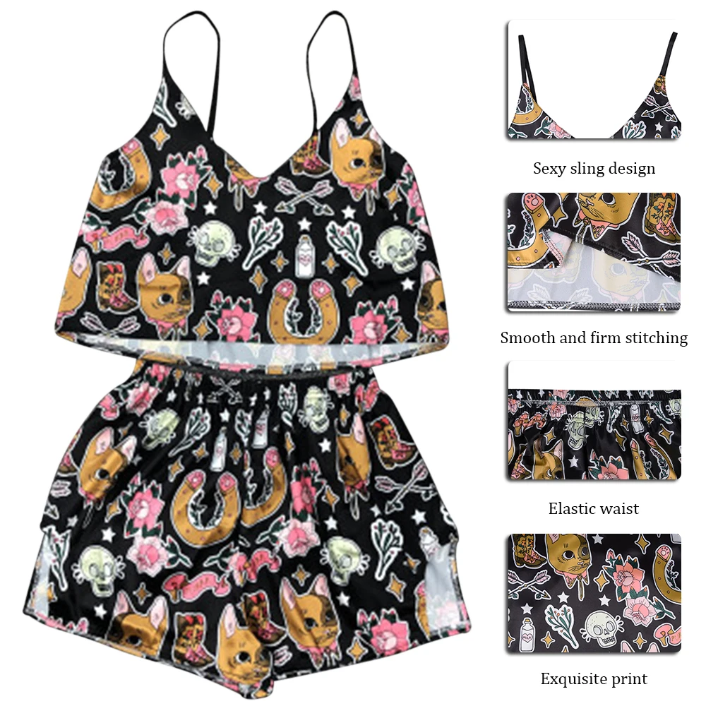 

Women's Sexy Pajama Sets Cartoon Pattern Pajamas Strap Sleeveless Cami Set Sleepwear Female Summer Pijamas Night Wear Home Suit