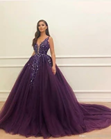 sexy purple deep v neck sequins lace appliques girls formal party gown sweep train evening dresses gorgeous ball gown quinceaner
