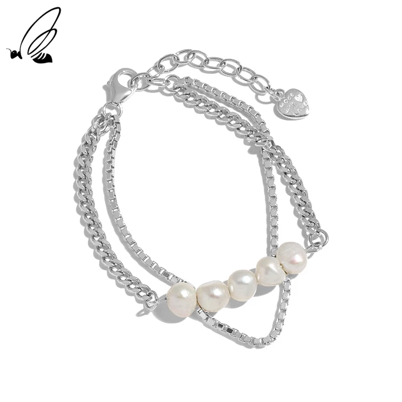 

S'STEEL Sterling Silver 925 Freshwater Pearl Double Layer Chain Bracelet Gold Gift For Women Steampunk Fashion Jewellery 2021