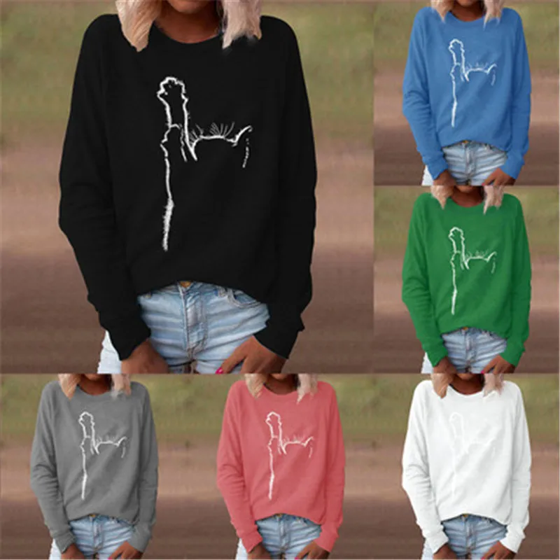 

2021 New Autumn Long Sleeve O-Neck Loose Pullover Tops Fashion Lady Cartoon Abstract Cat Printed Hoodies Women Casual Sweatshirt