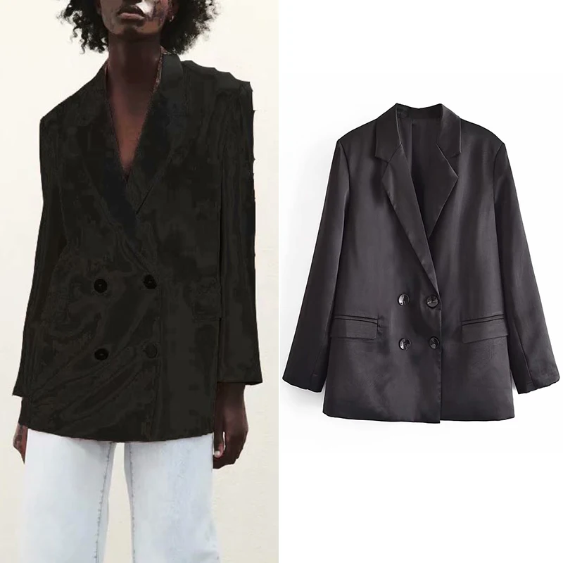 

TRAF Women Blazer Jacket Solid 2021 Vintage Long Sleeve Notched Coat Pockets Double Breasted Female Outerwear Causal Chic Tops