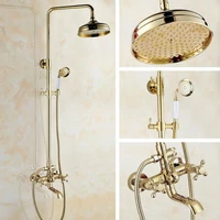 gold color brass two cross handles wall mounted bathroom rain shower head bath tub faucet set telephone shape hand spray mgf391