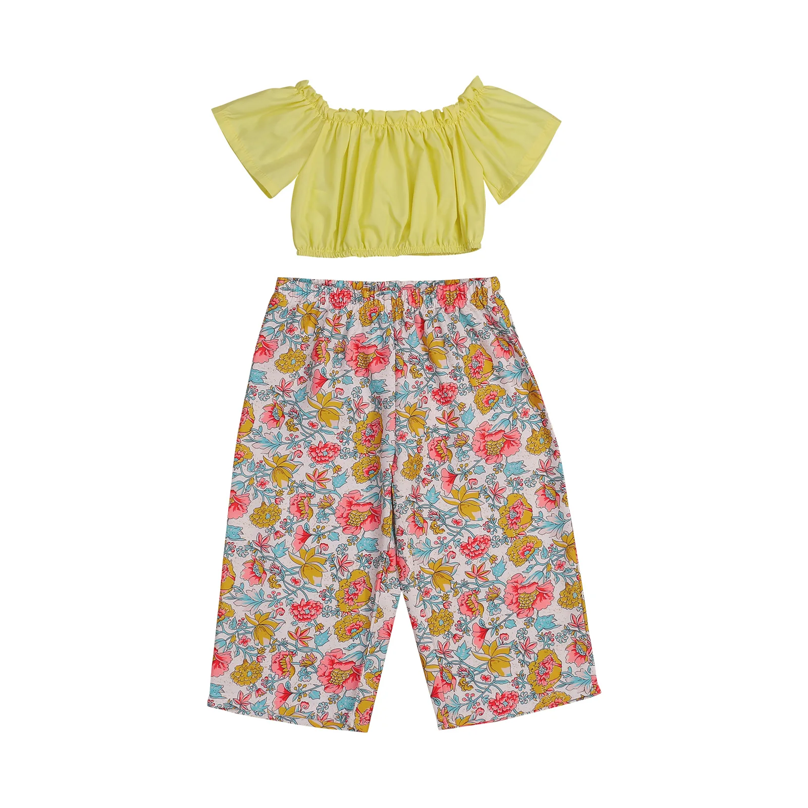 

Summer Kids Baby Girls Outfits Solid Color Short Sleeves T-Shirt + Floral Print Pants Clothes Set 1-6Years