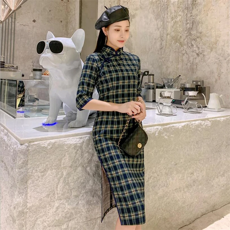 Осень китайский cheongsam qipao женское сексуальное платье с разрезом Женская традиционная одежда винтажная клетчатая qipao красный синий 3XL