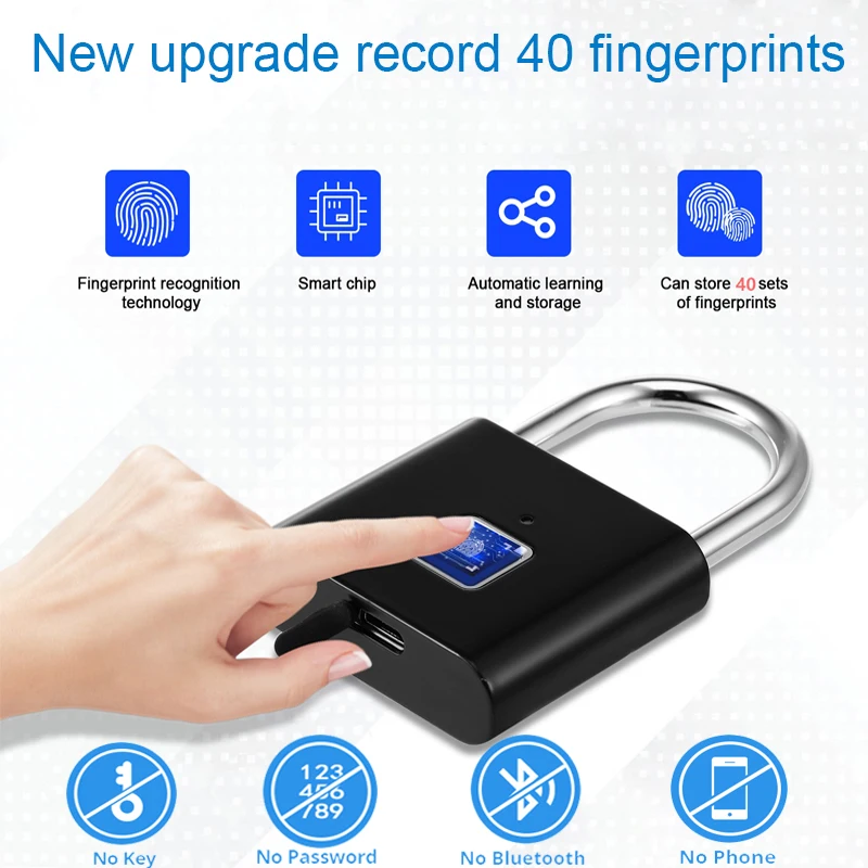 

Security Keyless USB Rechargeable Door Lock support 40 Fingerprint Smart Padlock Quick Unlock Electronic Digital Password Lock