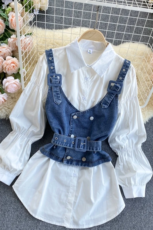 

Korean Style Anti-ageing Slim Solid Color Bubble Sleeve Shirt and Jeans Tank Top Two Piece Suit Women Fashion Clothes