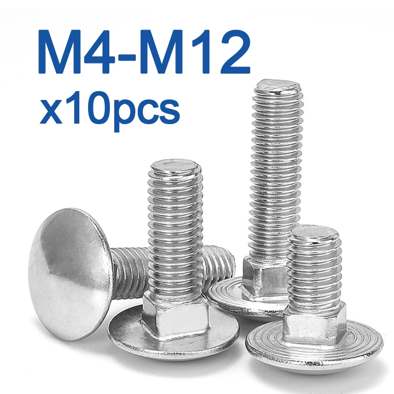 10pcs/lot  M4 M5 M6 M8 M10 M12 10- 150mm Length Carriage Bolt 304 Stainless Steel Round Head Square Neck Screw DIN603