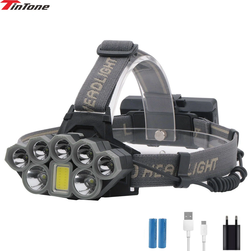 

10000LM Headlamp 2T6+5XPE+1COB 8LED Rechargeable Flashlight USB Headlight 18650