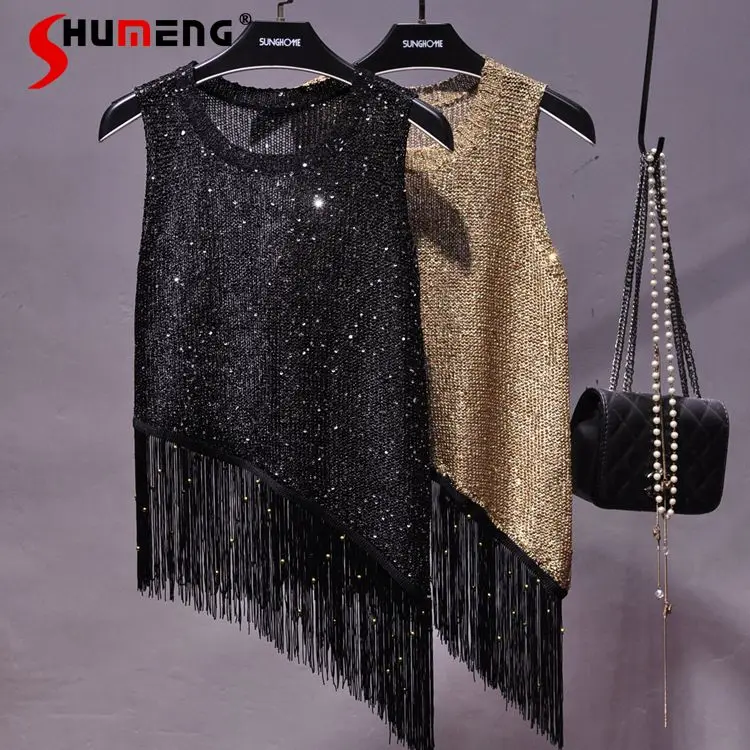 

2021 New Summer Korean Style Sequined Tassel Vest Gold Thread Small Sling Sexy Female Tank Irregular Sleeveless Knitted Top