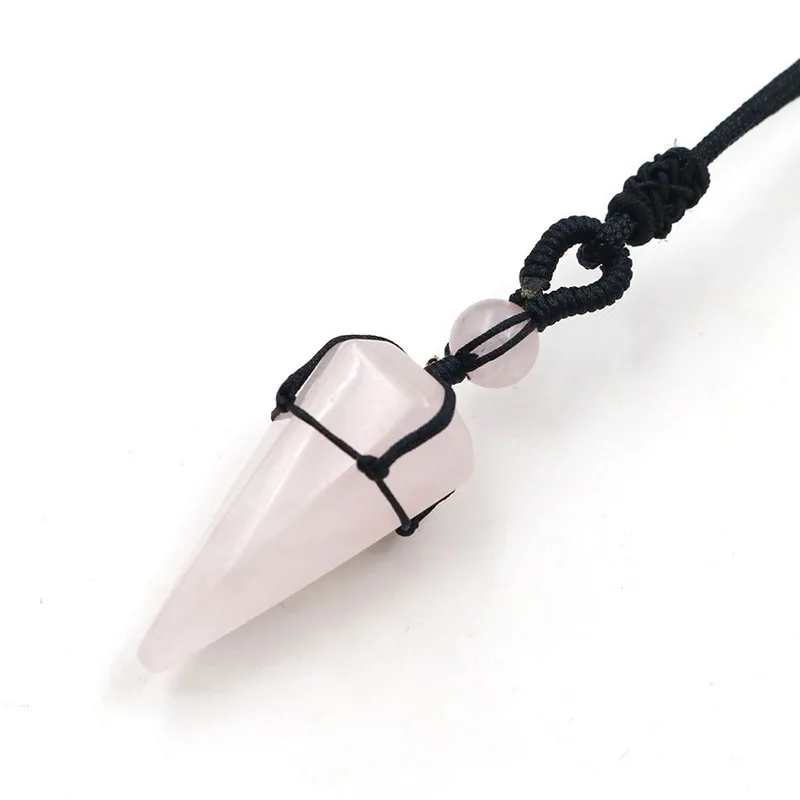 

Natural Hexagonal Cone Crystal Stone Pendant Necklace Jewelry Black Woven Rope Amethyst Tiger Eye Stone Divination Yoga Necklace