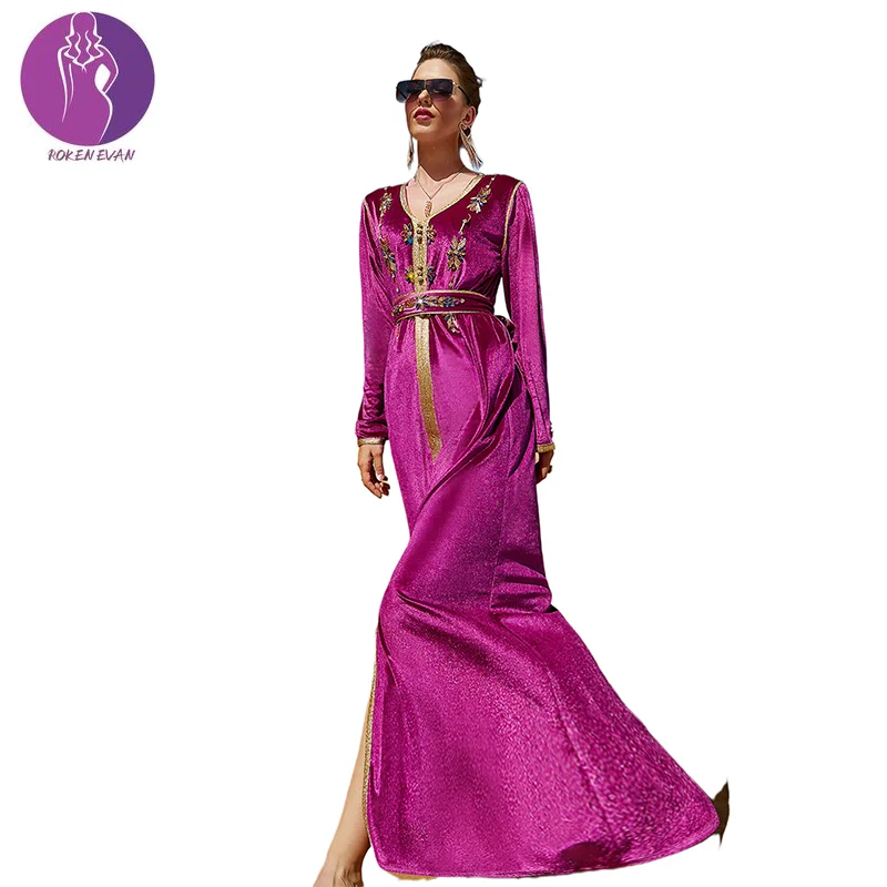 Женское платье с вышивкой ROKEN, фиолетовое бархатное платье макси с вышивкой, зима 2021, мусульманский, арабский, Дубайский, марокканский кафта...