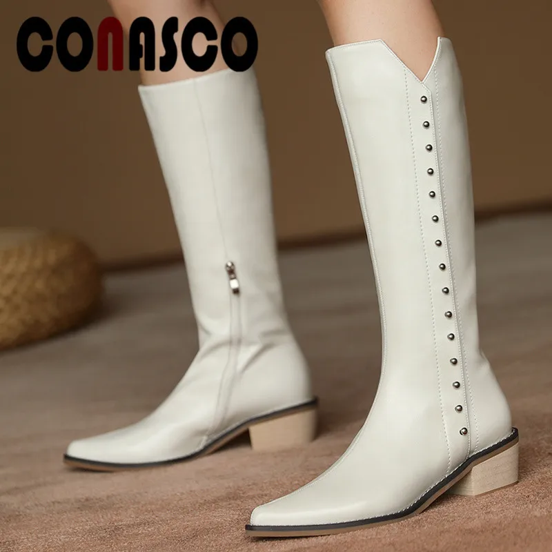 

CONASCO Concise Elegant Women Knee High Boots Autumn Winter Warm Cow Leather Party Prom Office Boots Brand Rivet Shoes Woman