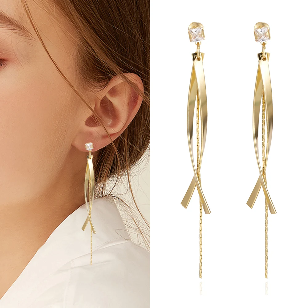 

Korean White Zircon Long Cross Tassel Earrings for Women Micro-Inlaid Rhinestone Long Chain Piercing Earrings Party Jewelry
