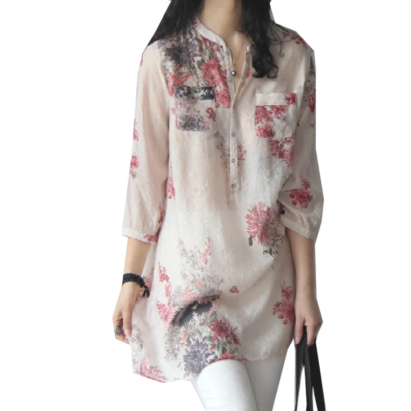 

Women Blouse Cotton Linen Shirt 2020 Summer Tops Floral Print 3/4 Sleeve V-neck Blouses Work Office Shirts Blusas Mujer