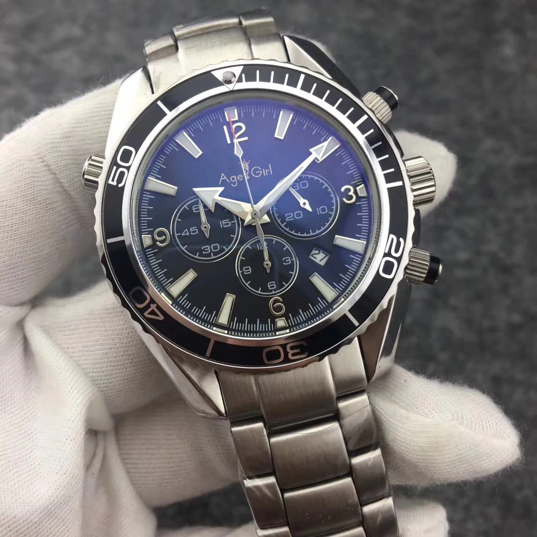 

Classic Men Professional sport dive watches Fashion Stainless Steel orange Blue Black Quartz Chronograph Master Waterproof