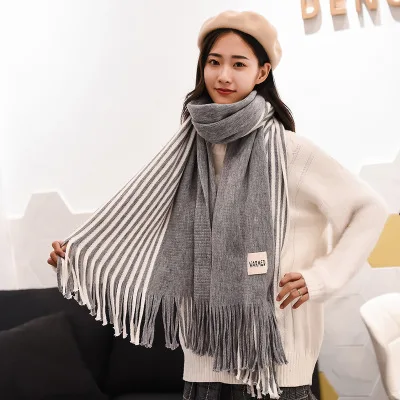 Stripe gray Женские однотонные кашемировые шарфы, женские зимние плотные теплые мягкие пашмины шали, шали, палантины, розовый, черный, Женский вязаный шерстяной длинный шарф - Цвет: Stripe gray